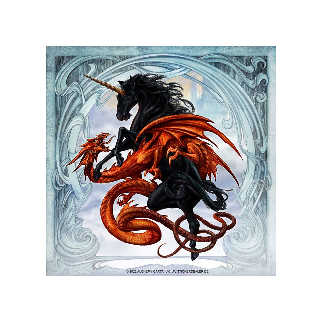 Alchemy Fantasy Aufkleber „Drache Vs. Einhorn“ – Ca. 10x10 Cm, Wetterfest, Made In Germany